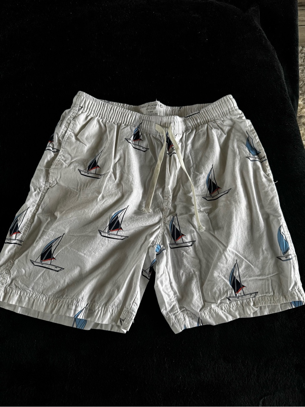 Free Planet White Swim Trunks with Navy and Red Sailboat Print